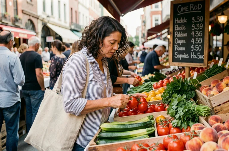 Femme faisant ses courses chez un primeur en plein air, examinant des tomates fraîches sur un étal de marché urbain coloré