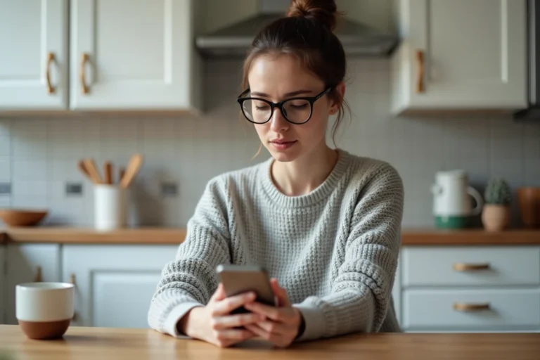 Femme consultant une application de crédit instantané sur son smartphone à la cuisine
