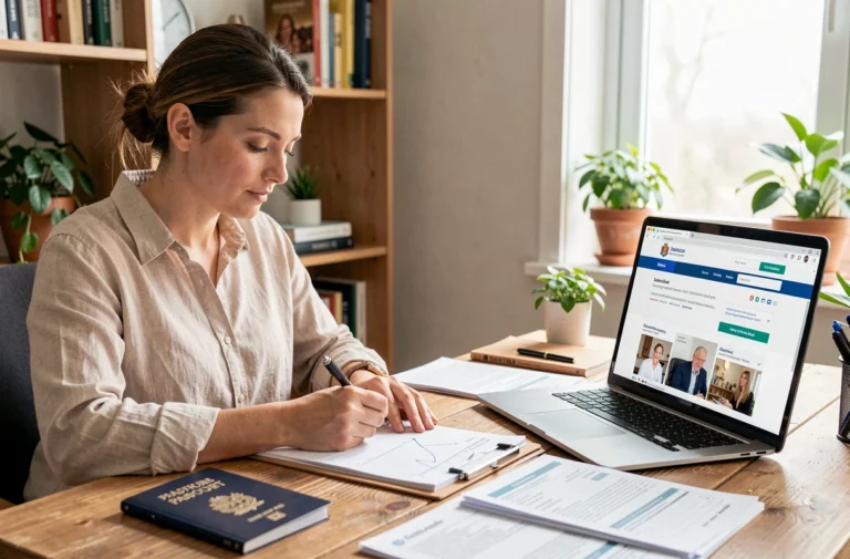 Femme consultant ses démarches administratives pour un voyage sur un ordinateur portable avec passeport et documents sur le bureau