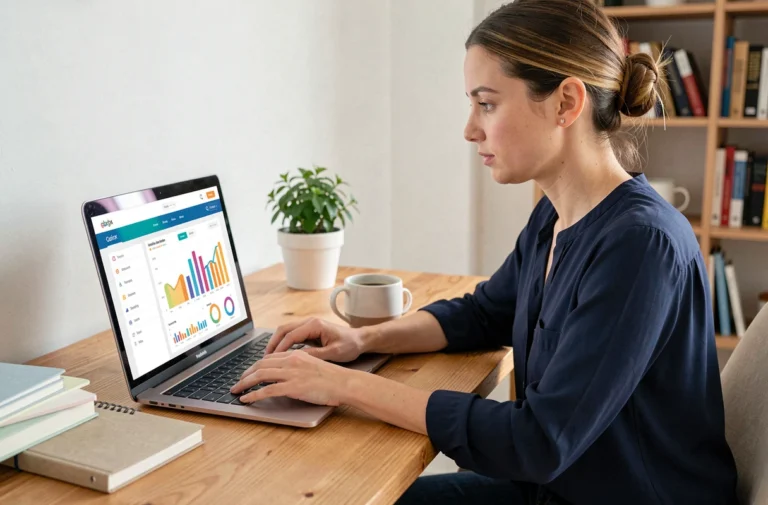 Femme entrepreneur travaillant sur son business en ligne depuis un bureau à domicile avec un laptop affichant des analytics