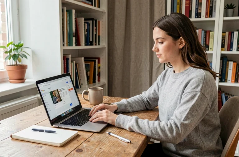 Jeune femme étudiant en ligne depuis son bureau à domicile avec un ordinateur portable et un cahier de notes