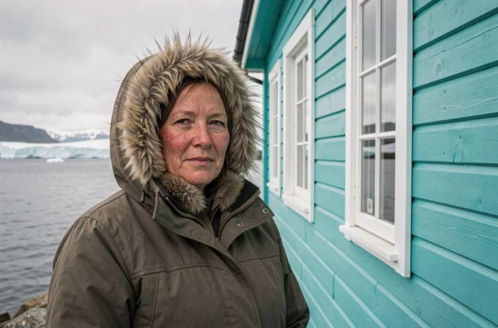 Femme inuite en parka devant sa maison turquoise au Groenland avec le fjord et des icebergs en arrière-plan
