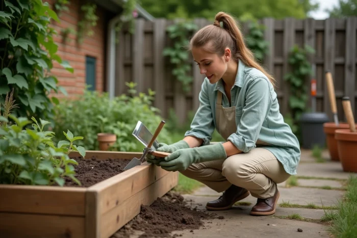 Femme jardinière en gants verts comparant des sachets de graines près d'un carré potager en bois