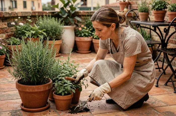 Femme entretenant des plants de romarin et cataire en pot sur une terrasse pour repousser les moustiques naturellement