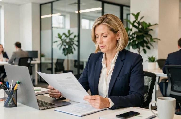 Femme professionnelle en blazer marine étudiant des documents de mutuelle professionnelle dans un bureau moderne