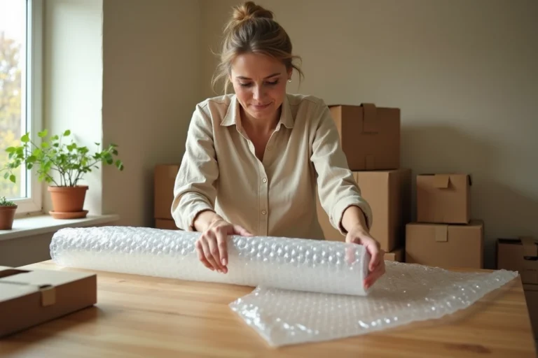 Femme récupérant du papier bulle gratuit pour emballer des objets dans sa cuisine