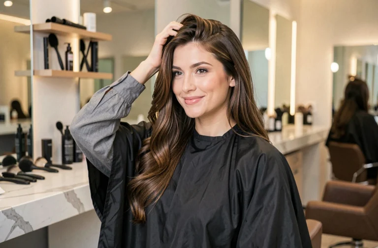 Femme aux cheveux bruns brillants dans un salon de coiffure professionnel utilisant des produits coiffants haut de gamme