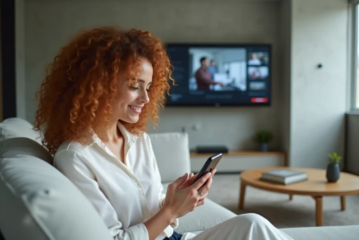 Femme recherchant la nouvelle adresse de 1jour1film sur smartphone depuis son salon en 2026