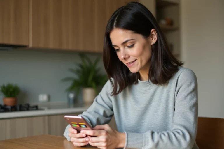 Femme téléchargeant une application mobile sur son smartphone dans une cuisine moderne