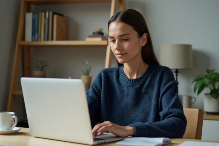 Femme utilisant un ordinateur portable pour naviguer sur tarbob com depuis son bureau à domicile en 2026