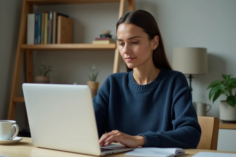 Femme utilisant un ordinateur portable pour naviguer sur tarbob com depuis son bureau à domicile en 2026