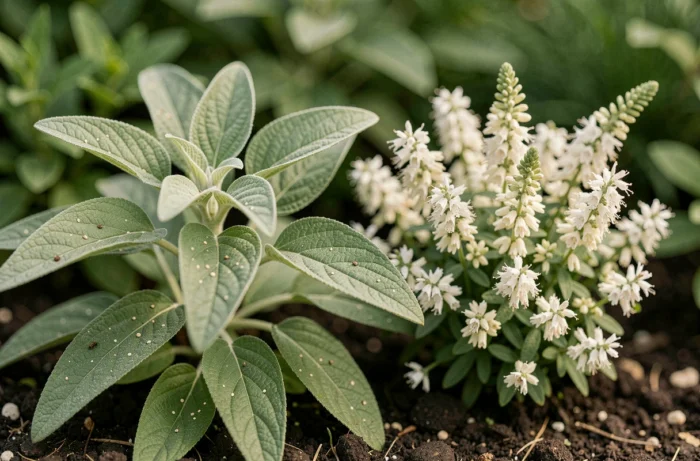 Feuilles aromatiques d'agastache et fleurs de fougère douce en gros plan dans un massif de jardin naturel anti-moustiques