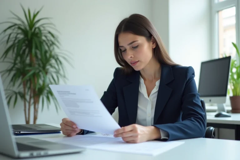 Fonctionnaire en blazer marine consultant des documents administratifs officiels dans un bureau public moderne
