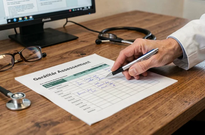 Formulaire d'évaluation gériatrique Tinetti en français posé sur un bureau médical avec stylo et stéthoscope