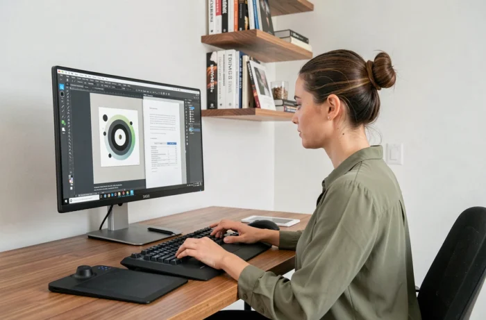 Femme freelance travaillant sur un projet de graphisme et de rédaction depuis son bureau à domicile avec une tablette graphique