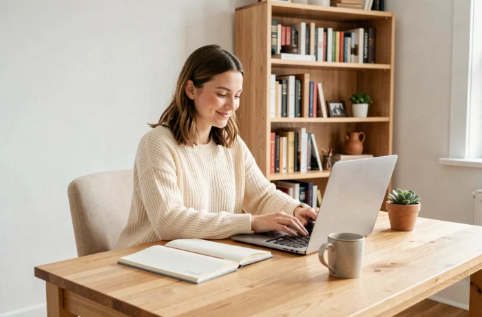 Femme travaillant depuis chez elle sur un ordinateur portable dans un bureau à domicile cosy, représentant l'idée de gagner de l'argent à la maison en 2024