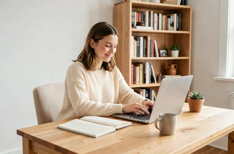 Femme travaillant depuis chez elle sur un ordinateur portable dans un bureau à domicile cosy, représentant l'idée de gagner de l'argent à la maison en 2024