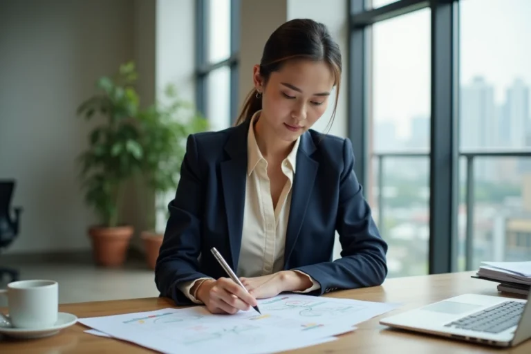 Femme cadre en veste marine analysant un organigramme de gestion d'entreprise dans un bureau moderne avec vue sur la ville