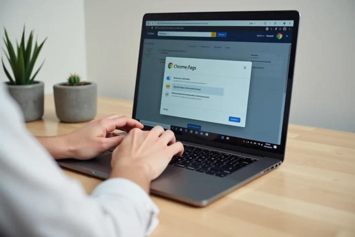 Gros plan sur l'interface Chrome Flags avec les mains sur le clavier d'un ordinateur portable