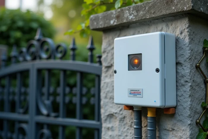Gros plan sur le voyant LED clignotant du boîtier de commande d'un portail motorisé Somfy
