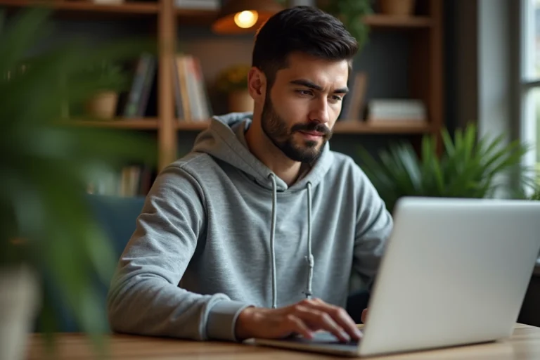 Homme consultant la nouvelle adresse officielle de 1jour1film sur un ordinateur portable en 2026