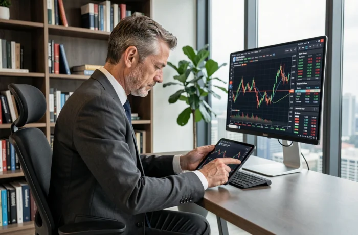 Homme d'affaires analysant des graphiques de tendances du marché sur tablette dans un bureau minimaliste avec vue sur la ville