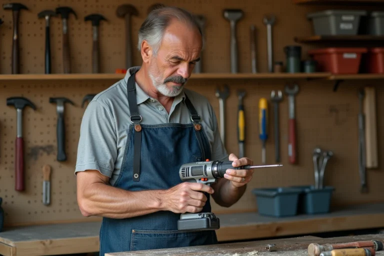 Homme bricoleur en tablier denim inspectant une perceuse à main dans un atelier organisé avec outils au mur