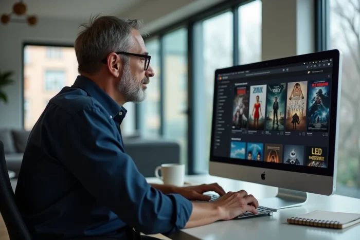 Homme accédant au catalogue de films sur la nouvelle URL officielle de 1jour1film depuis un ordinateur de bureau
