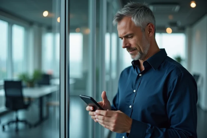 Homme en bureau téléchargeant une application sur son téléphone mobile