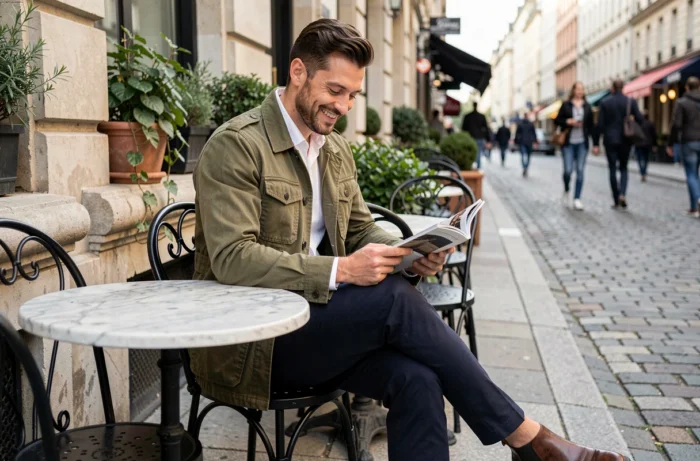 Homme stylé en veste utilitaire olive consultant un magazine de mode en terrasse de café parisien