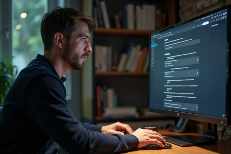 Homme utilisant Chrome Flags sur un grand écran dans un bureau à domicile moderne