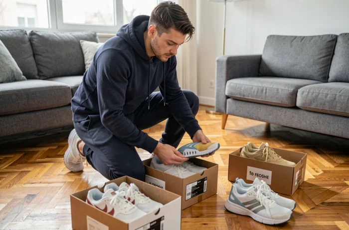 Jeune homme comparant plusieurs paires de sneakers dans son appartement pour choisir la bonne pointure