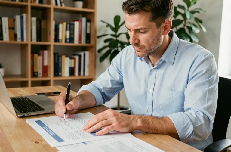 Un homme consultant un contrat de crédit à son bureau à domicile, stylo en main, entouré de documents financiers