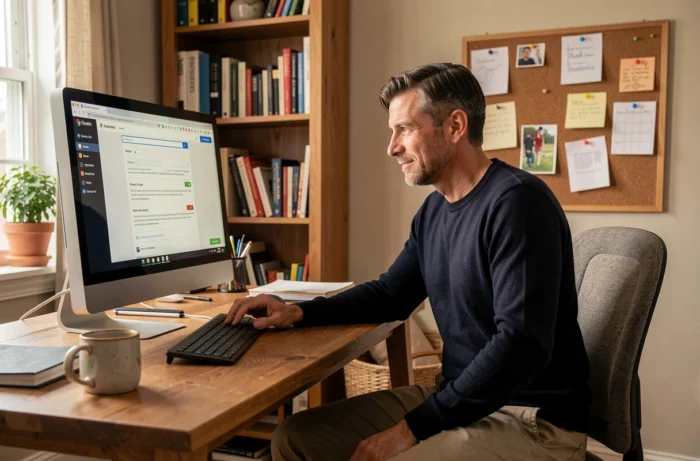 Homme consultant son webmail depuis un bureau à domicile avec ordinateur fixe