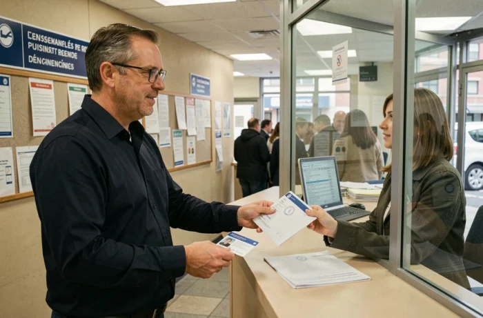 Homme déposant des documents officiels au guichet d'une administration postale avant un départ en voyage