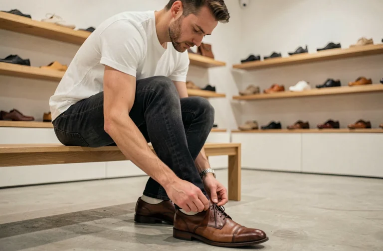 Homme essayant une paire de chaussures en cuir dans un magasin moderne pour trouver la bonne pointure