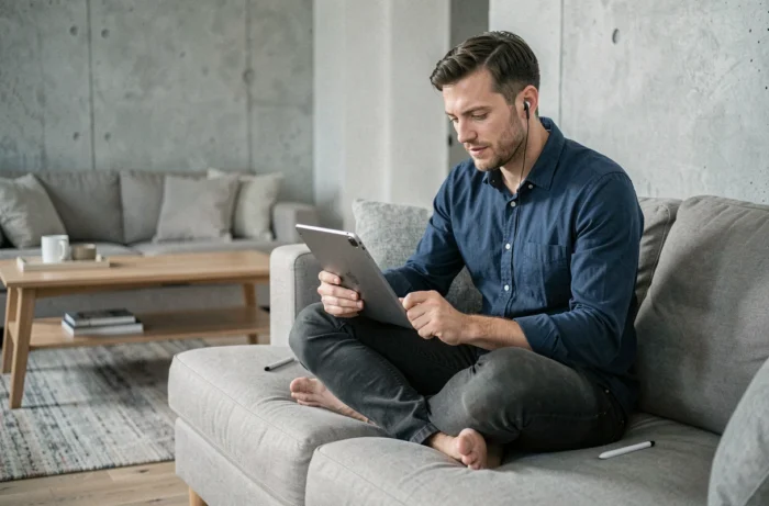 Homme en télétravail apprenant sur une tablette numérique depuis son salon dans une ambiance moderne
