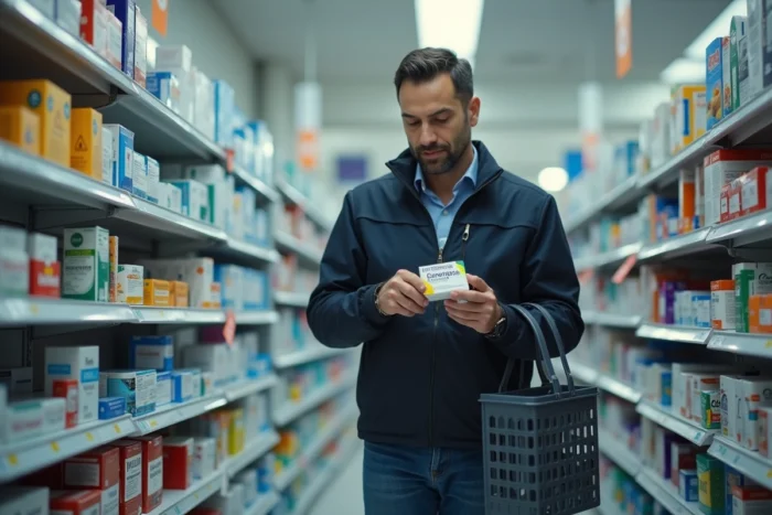 Homme comparant des médicaments génériques en pharmacie pour réduire ses dépenses de santé