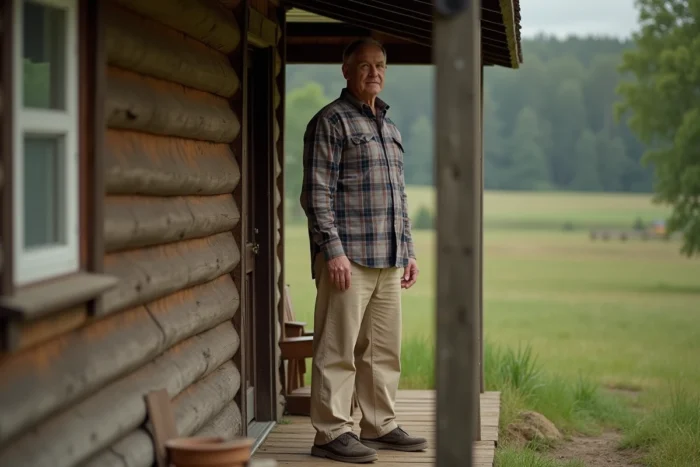 Homme exceptionnellement grand se courbant pour passer une porte de maison rurale, illustrant visuellement la taille record d'une personne hors norme