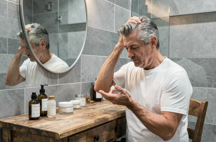 Homme appliquant une pommade coiffante professionnelle devant un miroir de salle de bain moderne