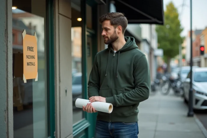 Homme récupérant du papier bulle gratuit devant une boutique locale en ville