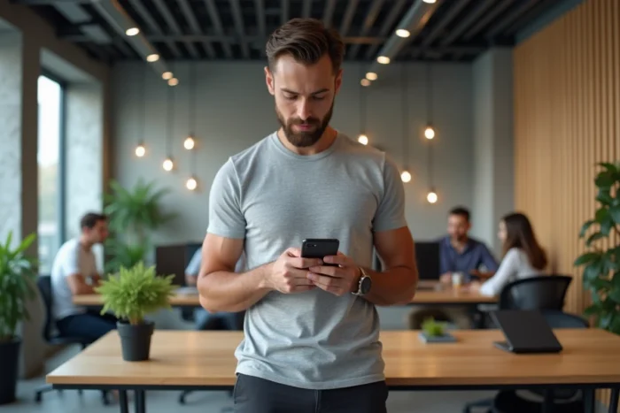 Homme consultant tarbob com sur smartphone dans un espace de coworking moderne