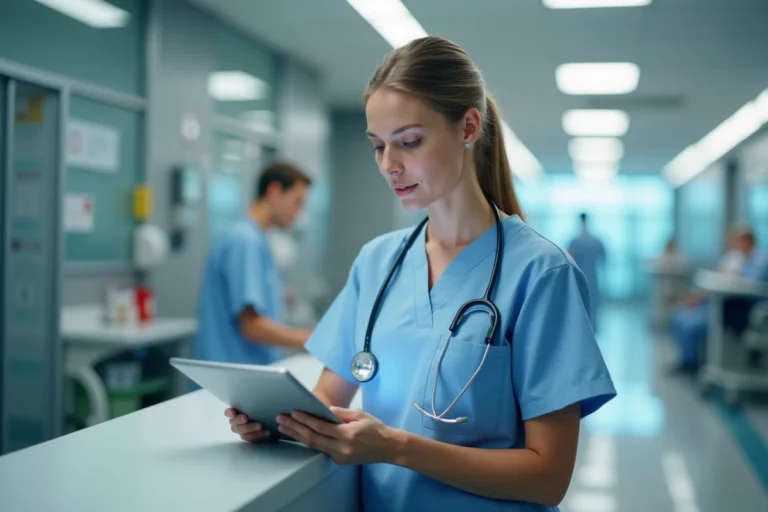 Infirmière consultant un plan de soins digital sur tablette à un poste de soins hospitalier