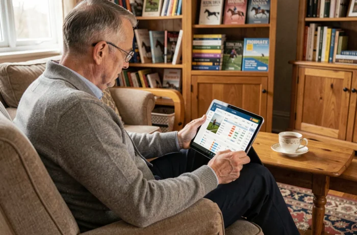 Homme senior consultant les résultats de courses de trot sur tablette via son compte Infonet 5 depuis chez lui