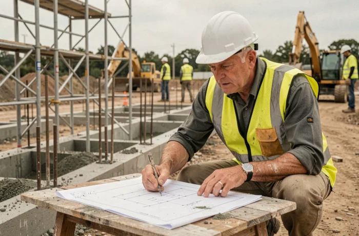Ingénieur de chantier expérimenté analysant des plans sur un site de construction actif, représentant la supériorité de l'expérience pratique sur les formations en ligne