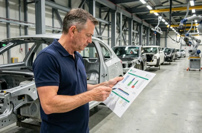 Ingénieur automobile analysant un schéma de chaîne d'approvisionnement dans une usine de montage moderne, illustrant le concept de tiers étendu dans le secteur automobile