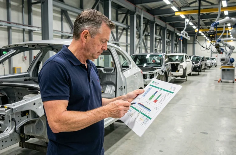 Ingénieur automobile analysant un schéma de chaîne d'approvisionnement dans une usine de montage moderne, illustrant le concept de tiers étendu dans le secteur automobile