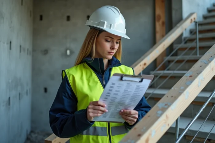 Inspectrice en bâtiment vérifiant la conformité d'un garde-corps selon les normes NF P 01-012 sur un chantier