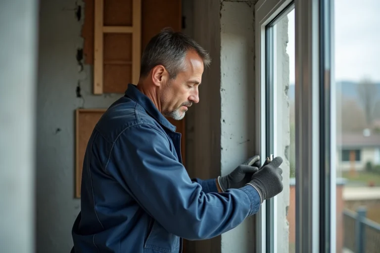 Installateur professionnel posant un cadre de fenêtre en aluminium sur une façade de maison résidentielle moderne lors d'une installation étape par étape