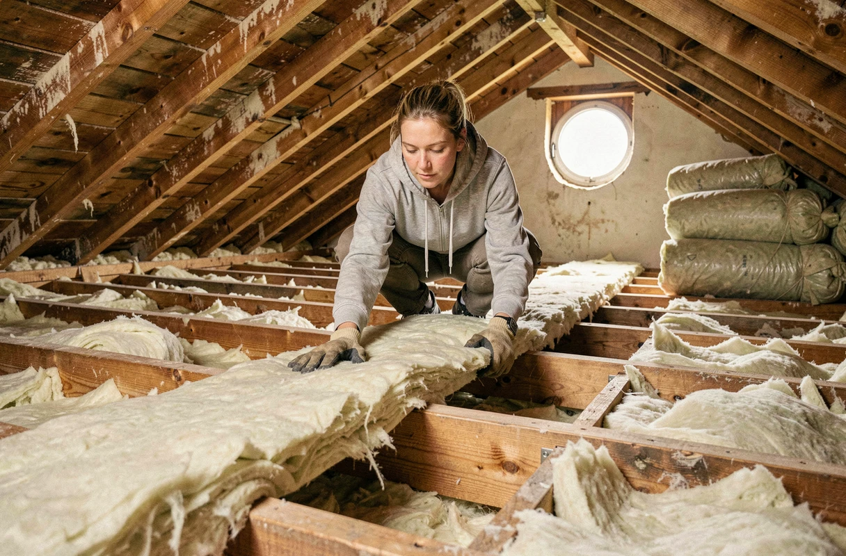 Femme déroulant de la laine de verre entre les solives d'un grenier en bois lors de travaux d'isolation thermique par le plancher haut